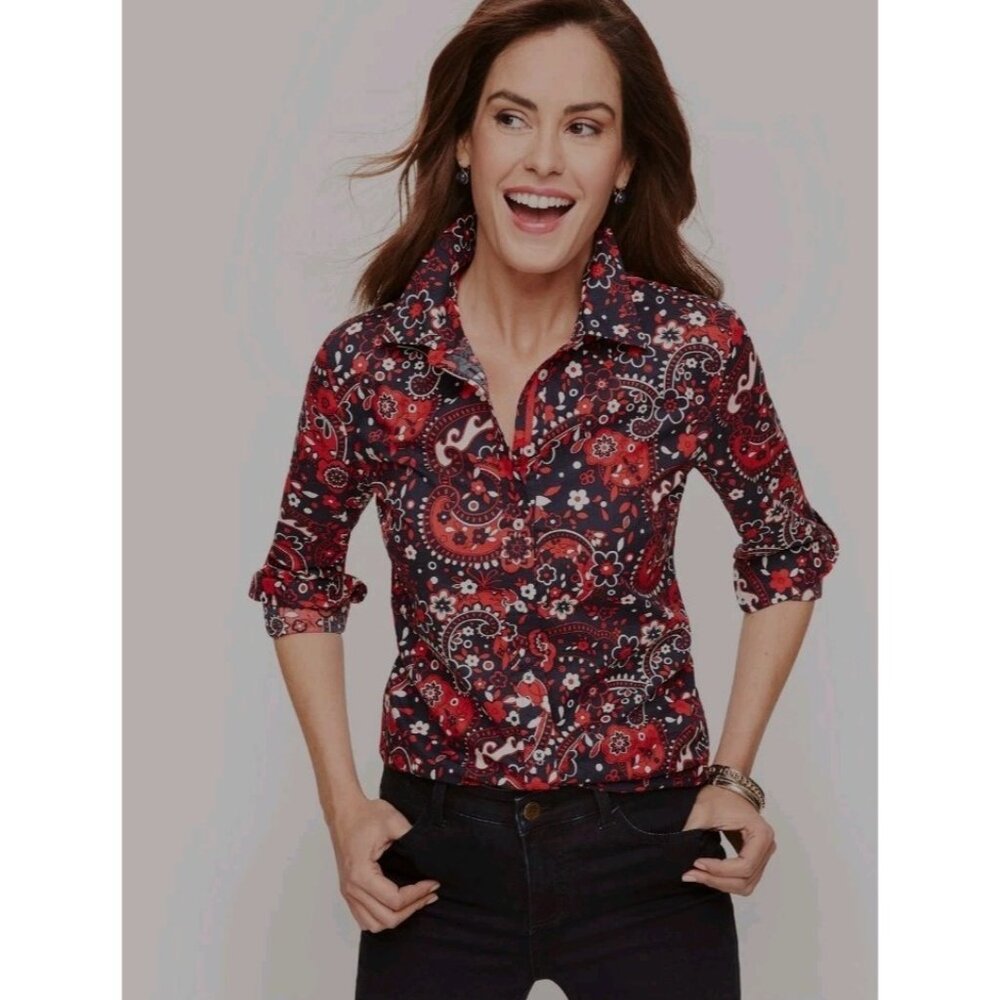 Talbots Plus Classic Cotton Shirt Navy‎ Blue Red Picnic Paisley Floral 3X
